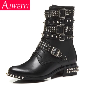

Genuine Leather Woman Boots Black Round toe Med Heels Platform Shoes Studded Rivets Autumn Winter Woman Martin Boots Botas