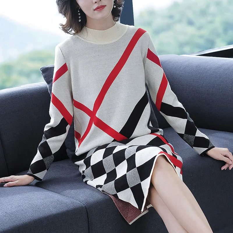 

Plaid Long Sleeve Loose-Fit Slimming Jersey Dress Women's 2019 Autumn Clothing New Style Mid-length Autumn And Winter over-the-K
