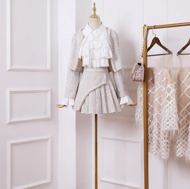 

Small Fragrance Suit Women Autumn Outfit Three Piece Sets 2019 New Lady's Chiffon Blouse + Pearl Bead Tweed Jacket + Wool Skirts