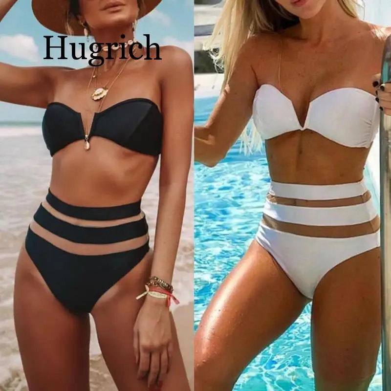 2Pcs Women 2020 Sexy Padded Strapless Bra High Waist Mesh Briefs Bikini Set Swimwear Romantic beach comfortable cool swimsuit