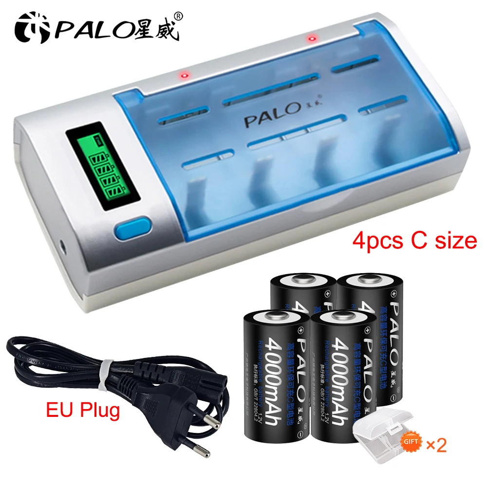 PALO R14 C Cell battery C size rechargeable battery 1.2V 4000mAh NI-MH + intelligent fast charging LCD charger for AA AAA C D 9V coin cell Batteries