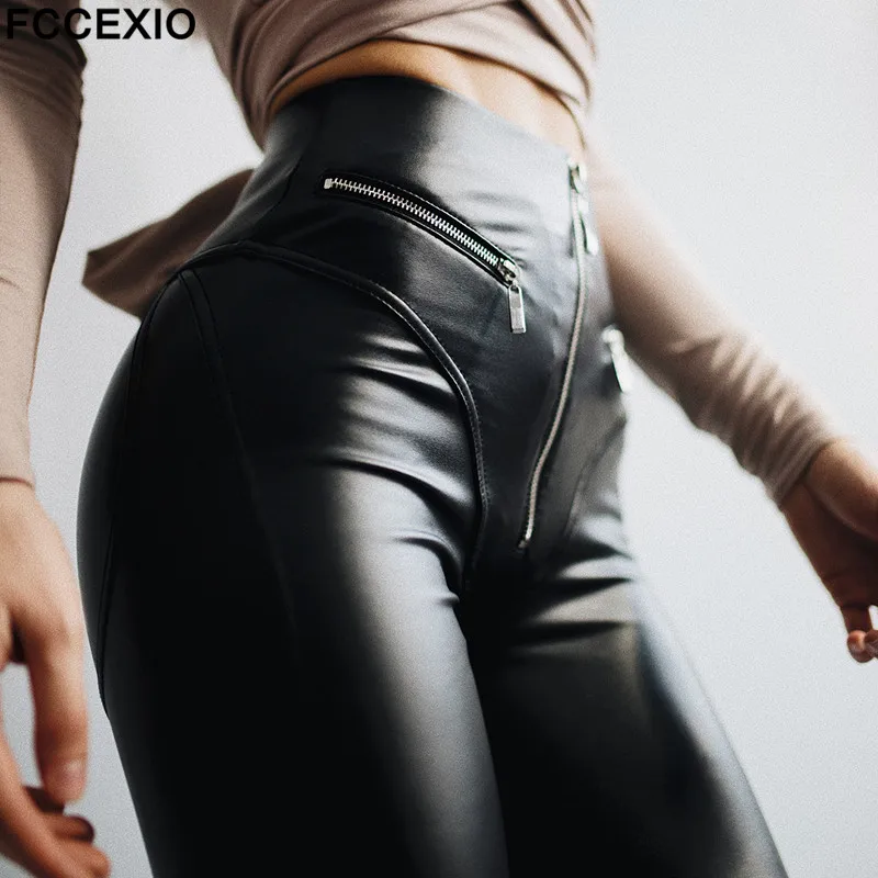 

FCCEXIO PU Faux Leather Pants Women Legging High Waist Pencil Pant Zip Back Black Slim Fitted Sexy Casual Streetwear Trousers