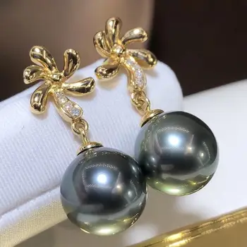 

D410 Pearl Earrings Fien Jewelry Solid 18K Gold Natural 10-11mm Ocean Sea Water Round Tahiti Pearls Earrings for Women