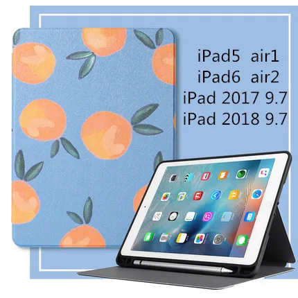 Case for iPad 5th 6th Generation 9.7 inch Silicone Soft Back Air1 2 Pu Leather Smart Case with pen slot - Color: Sweet orange