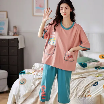 

Pajamas for Women Summer Cotton Short-sleeved Home Wear Cropped Trousers Thin Section Korean Can Be Worn Outside Suit Pyjama Set
