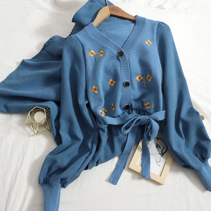 

Осеннее модное платье миди с V-образным вырезом, женские корейские вышитые цветочные вязаные Лоскутные вельветовые платья, бандажные поясные платья