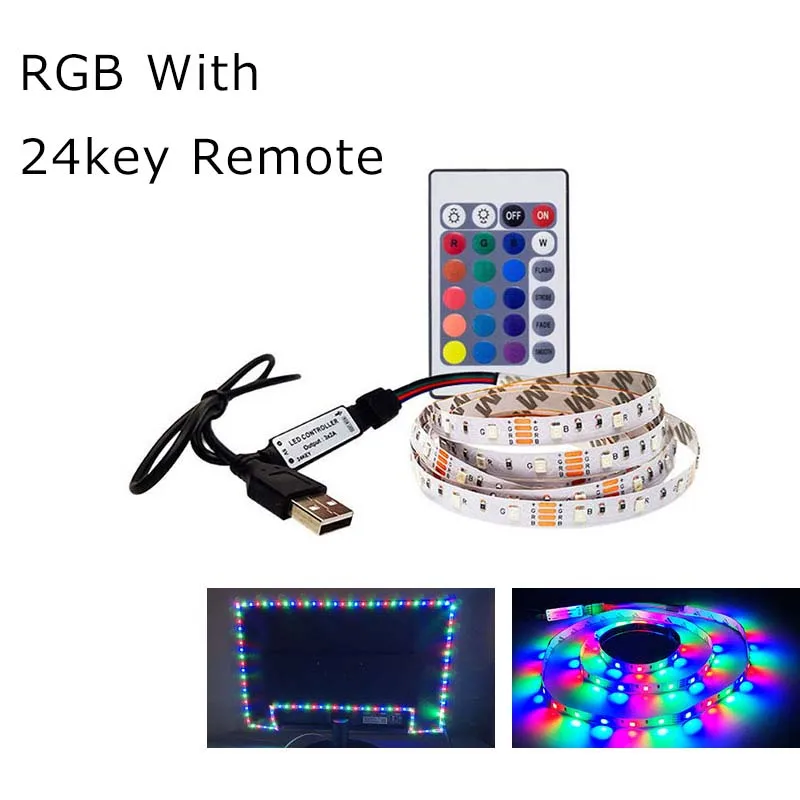 5 В USB Светодиодная лента светильник 3528 RGB с дистанционным управлением гибкий светодиодный светильник лента 0,5 м 1 м 2 м 3 м 4 м 5 м ТВ подсветка теплый белый - Испускаемый цвет: RGB 24KEY Remote