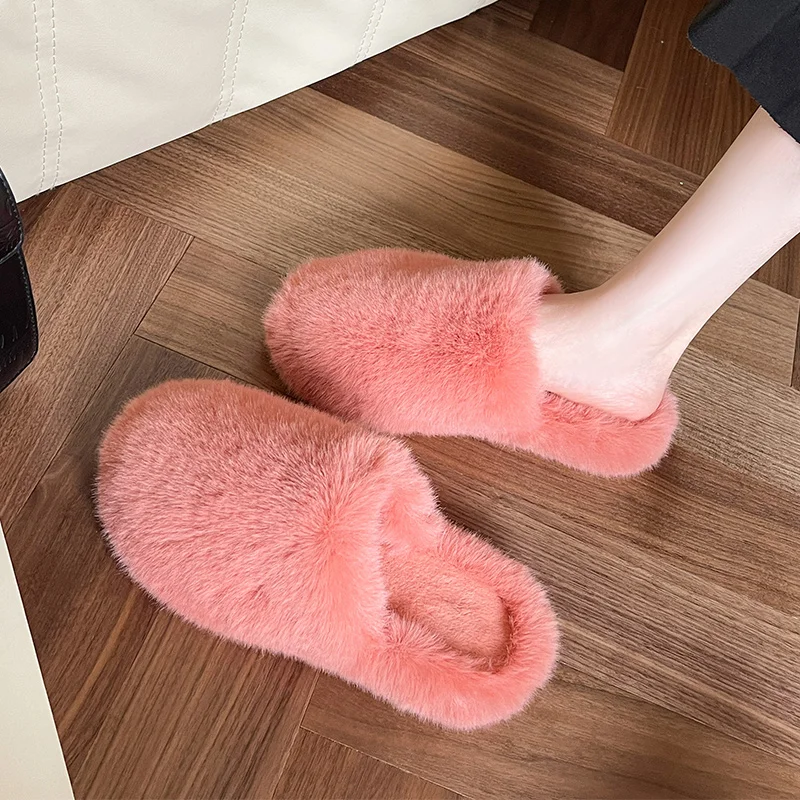 Женские домашние меховые шлепанцы SLHJC закрытый носок плоская подошва каблук