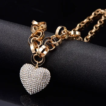 

Big Love Heart Pendent Necklace Gold Silver Color Thick Round Chain Full Clear Crystal 3D Heart Female Necklaces Vintage Jewelry