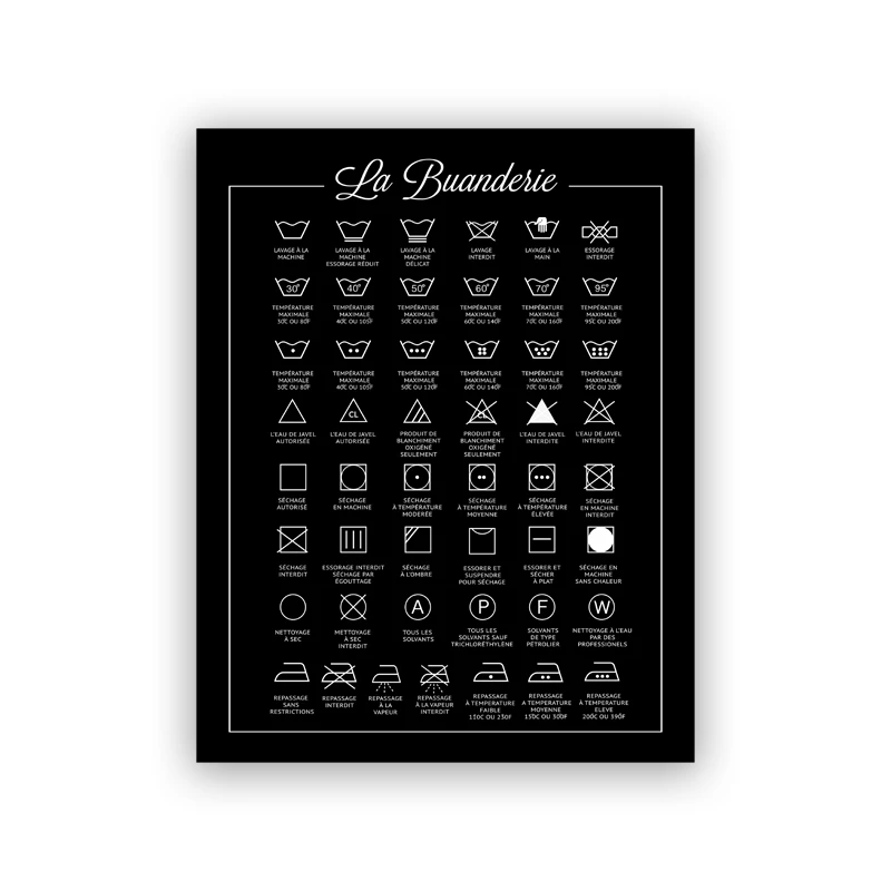 Tableau Toile Impression HD – Symbole Blanchisserie Noir Et Blanc – 40x60 Cm Avec Cadre – Décoration Murale Buanderie