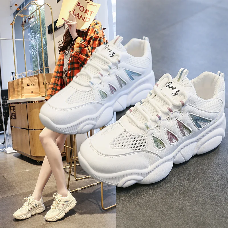 

2019 Spring New Style Casual Lace-up Sports Breathable Spell Mesh Versatile Low-cut Shoes Cute Mesh Shoes bear xie