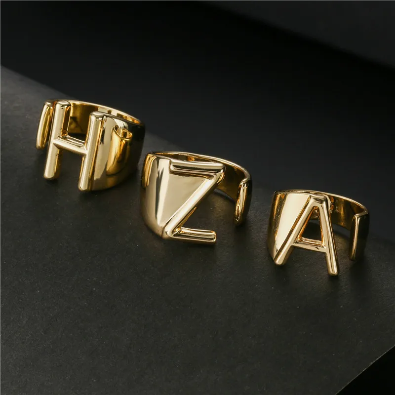 Hollow A-Z Letter Gold Adjustable Opening Ring