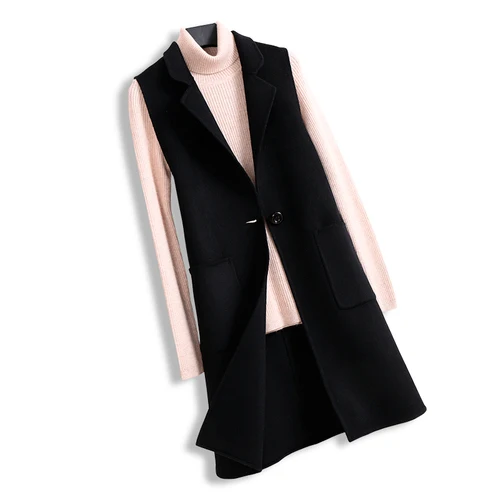 Черный Wool Vest for Woman New Mid Long Overcoat Double Side Cashmere Waistcoat Hand Made Female Winter Clothing - Цвет: Черный