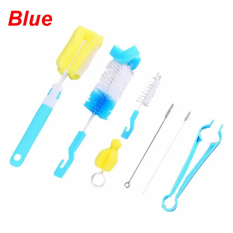 Blue 7 шт. щетка для детской бутылочки соска для детской бутылки набор щеточек губка нейлоновая Чистящая щетка комплект для бутылок/чашек/соломы - Цвет: Blue