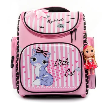 

Delune Brand Cartoon Cat Print Folded School Bags for girls Grade 1-4 kids orthopedic satchel school backpacks Mochila Infantil