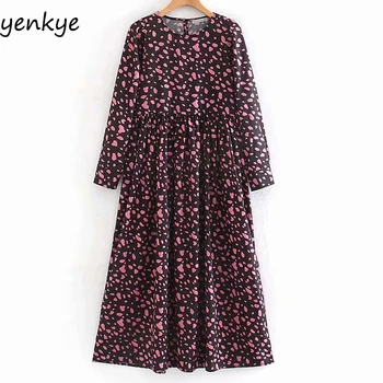 

Women Vintage Print Long Maxi Dress Elegant Lady Round Neck Long Sleeve Pleated Casual Dress Plus Size XNWM9225
