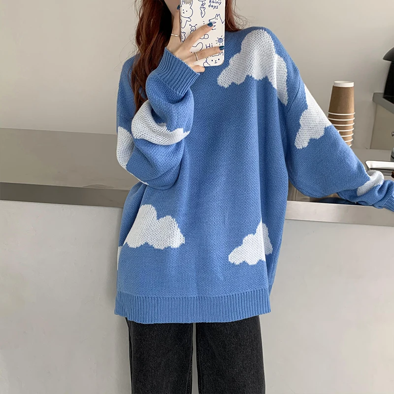 

Korean Style Cloud Wool Sweater Women Harajuku Cute Fashion Long Sleeve Cashmere Jumper Autumn Oversized Black Blue Pullover