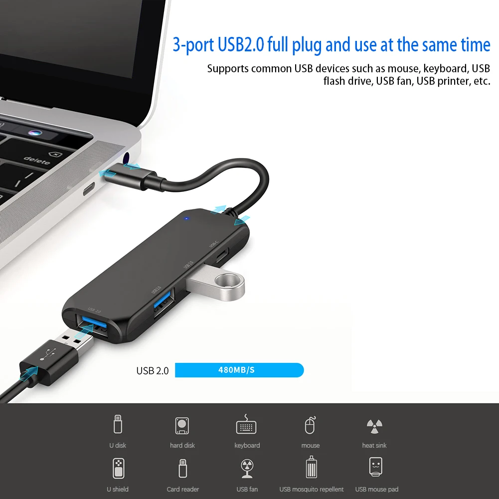 Адаптер концентратор Type C 2 0 с 4 usb портами и портом для зарядки тонкий удлинитель