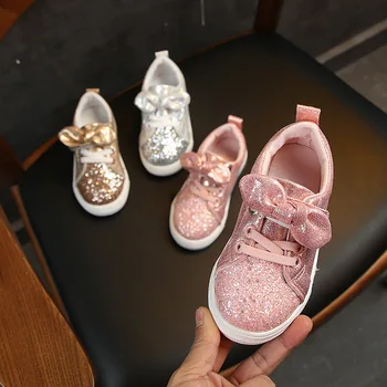 

Spring Autumn Girls Shoes Baby Sneakers Children Casual Shoes Fashion Bow Glitter Leather Non-slip Princess Shoes Size 21-36