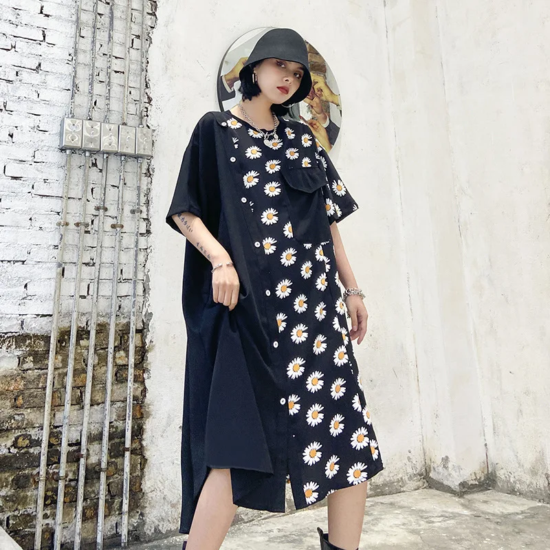 

2020 Summer Women Short Sleeve Loose Casual Daisy Print Irregular Long Dress Female Streetwear vintage Big Size Splice Dress 110