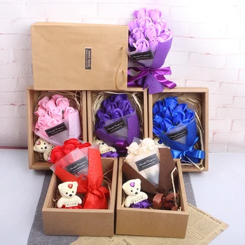 

Scented Handmade Bath Soap Rose Flower With Cute Bear and Gift Box For Wedding Valentines Day Mothers Day Romantic Gift