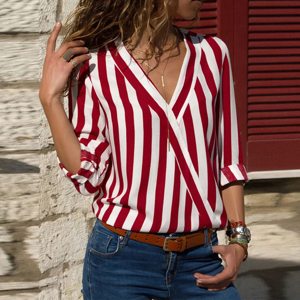 

Striped Shirt Women Chiffon Blouse Summer Sexy V Neck Fashion Office Ladies Blouses Long Sleeve Boho Trips Plus Size Shirts 3XL