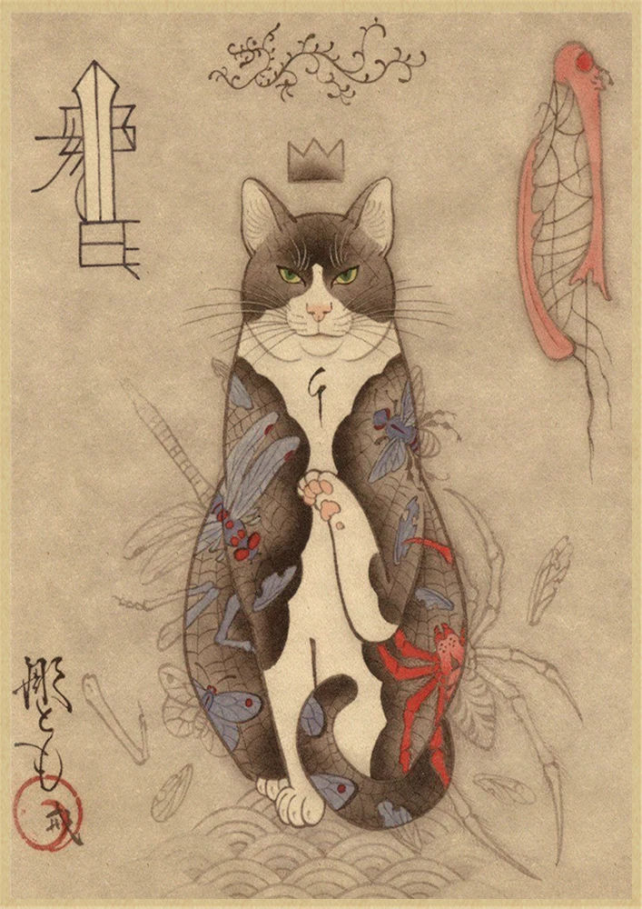 Japanese samurai cat tattoo cat vintage poster wall art sticker painting living room decoration bedroom print picture