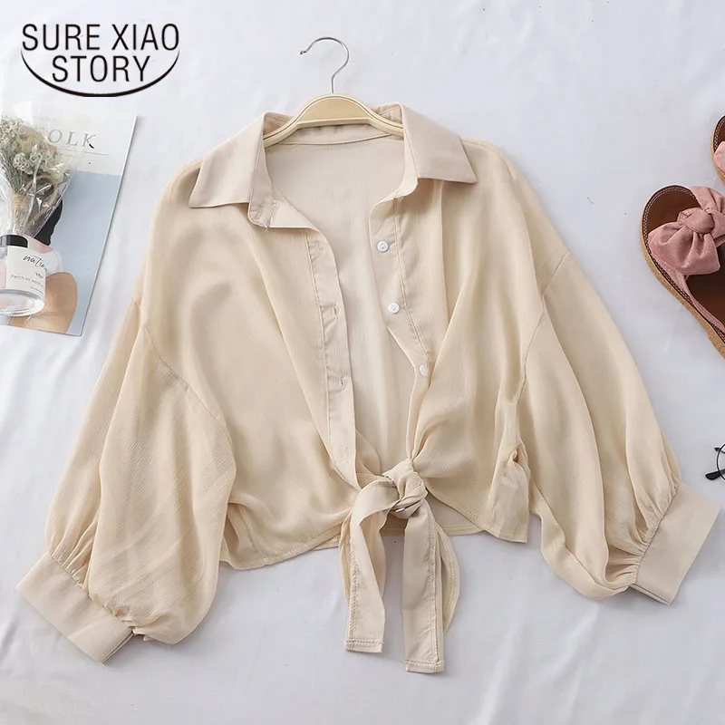 

2020 Summer New Half Sleeve Buttoned Up Shirt Loose Casual Blouse Chiffon Shirts Women Tied Waist Elegant Blouses for Women 9776