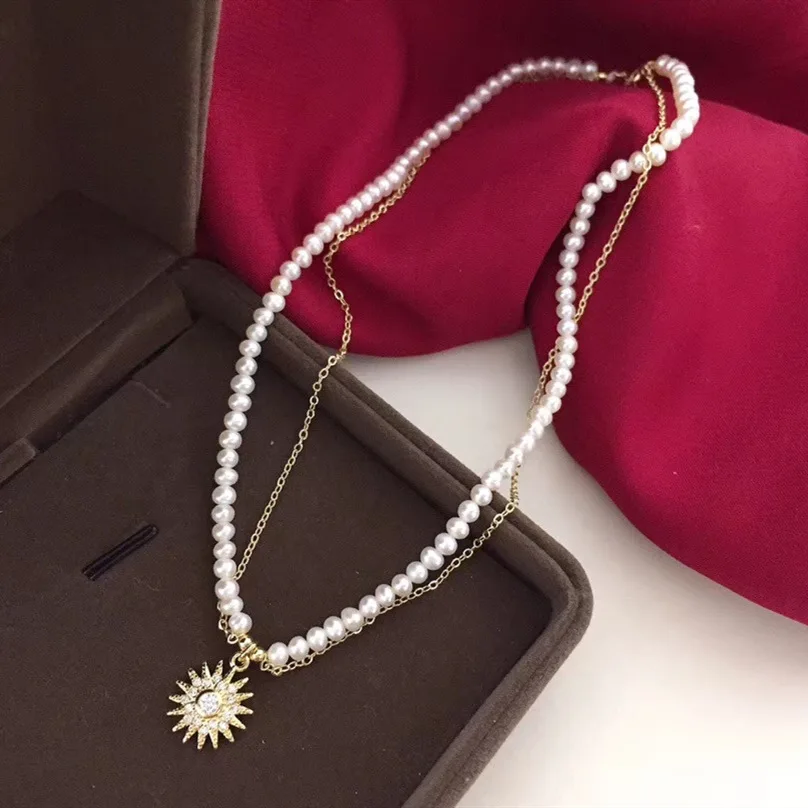 

Butterfly Home Korean-style Sunflower Double Layer 14k Gold 3-4 round Virgine Pearl Necklace Ymjs32l32abe