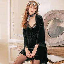 MECHCITIZ женский халат платье наборы пижамы бархатный халат Ночное платье 2 шт. сексуальная одежда для сна осень зима кружево Домашняя одежда Pijamas