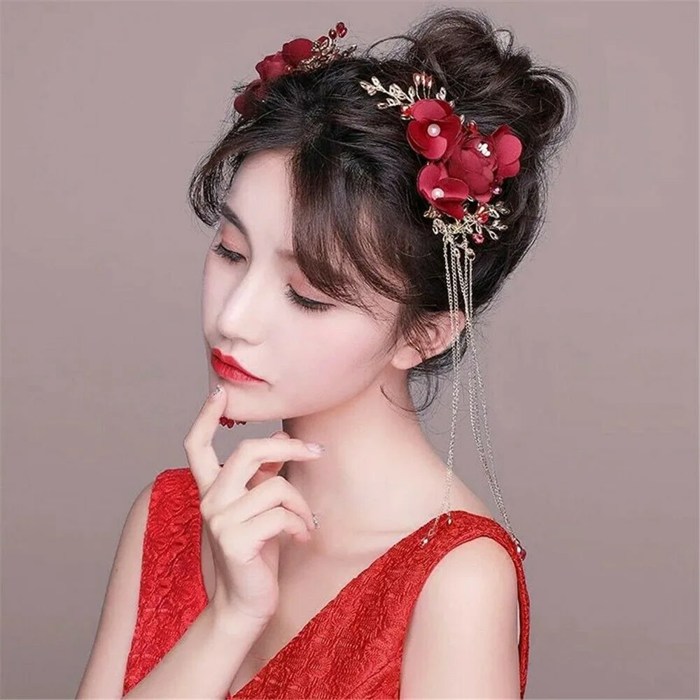 Lolita Girls Chain Tassel Hair Clip Chinese Hanfu Cosplay Hearwear Ear Clips 