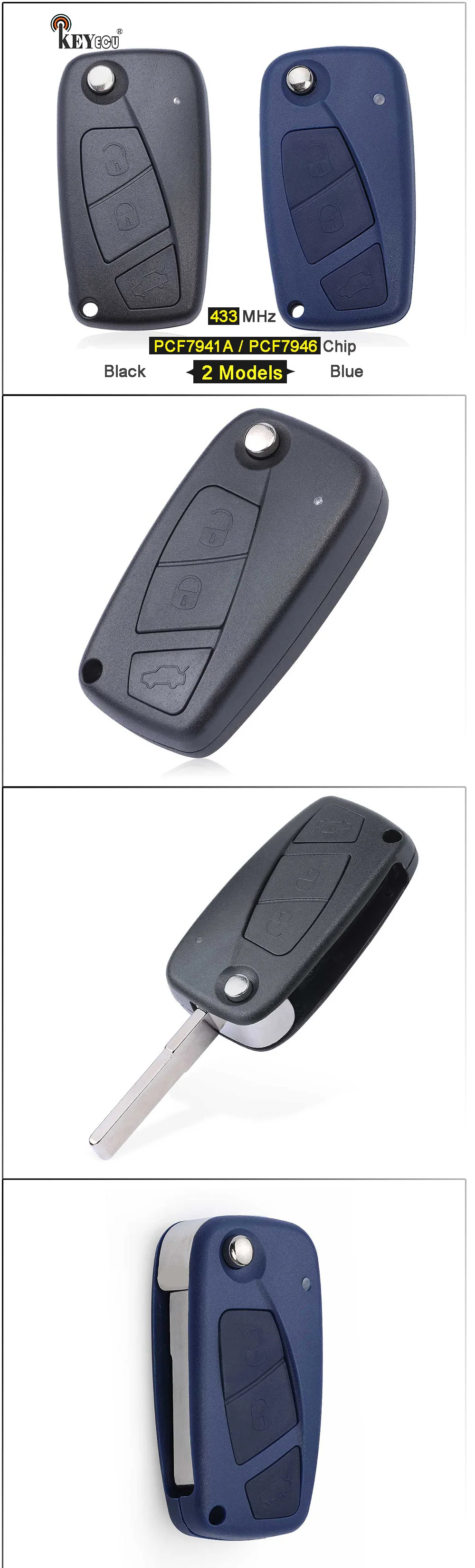 Keyforkess 434MHz PCF7946 / PCF7941A sostituzione del Chip 3 pulsanti Flip Remote Car Key Fob per Fiat 500 Panda Idea Punto Stilo Ducato - H92489d6e47c345fe87e2166b5d96526d9