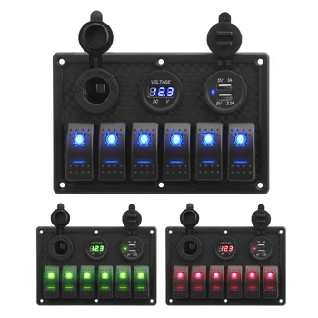 

Waterproof 6 Gang Rocker Switch Panel With Fuse 4.2A Dual USB Slot Socket Digital Voltage Display