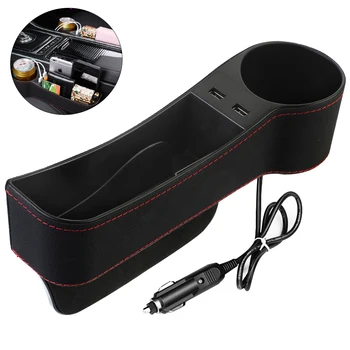 

Car Seat Gap Filler, Car Seat Gap Organizer Front Seat with Cup Holder/2 USB Ports, Premium PU Leather