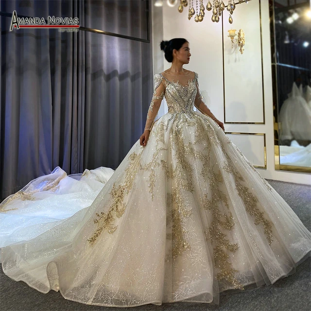 Vestido de novia con encaje color champán, bonito Cierre -