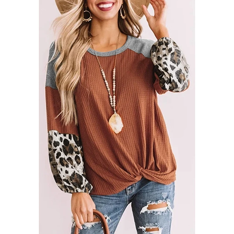 Harajuku Shirt Women O Neck Loose Knot Long Sleeve Leopard Stitch Oversized Vintage Tops