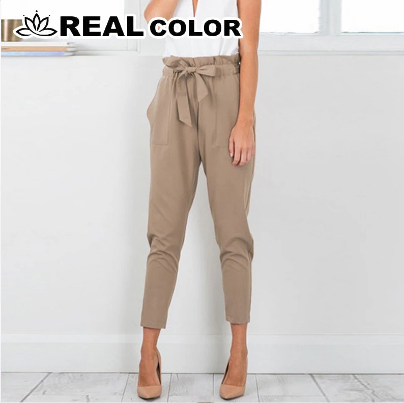 

women OL chiffon high waist harem pants bow tie drawstring sweet elastic waist pockets casual trousers pantalones -85