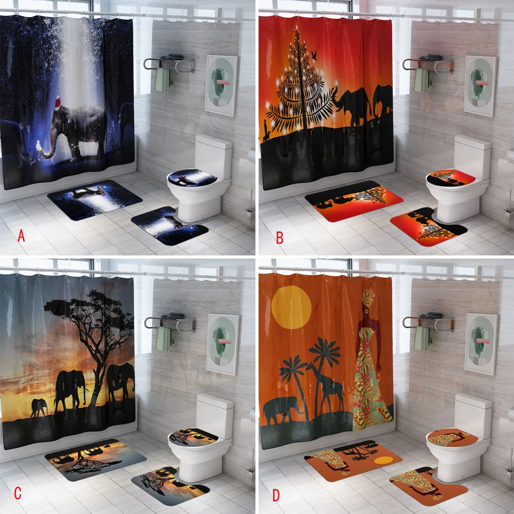 

African Elephant Printed Waterproof Polyester Shower Curtain Anti-slip Bath Mat Set Bathroom Curtains Rug Toilet Cover Sets