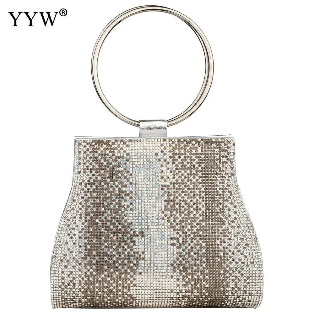 Rhinestone Clutch And Purse For Wedding Pu Leather Top Handle Hand Bags For Women Silver Circle Ring Handbag Party Evening Totes