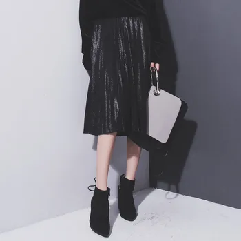 

Women Silver Skirt Midi Skirt High Waist Fashion Long Skirt Ladies Sexy Pleated Skirt