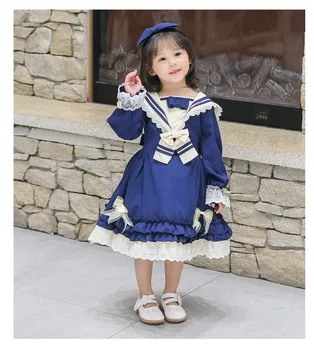 

Japanese college style navy blue lolita dress vintage lace bowknot high waist victorian dress kawaii girl gothic lolita loli cos