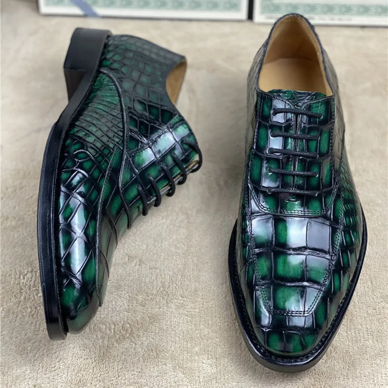 Authentic Crocodile Belly Skin Handmade Men's Party Dress Shoes Genuine Alligator Leather Male Lace-up Green Oxford Shoes