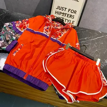 

Summer 2 Piece Set 2020 Chinese Style Flower Tiger Figure Pullover Sunscreen Rainproof Silk Hoodies Shorts Set