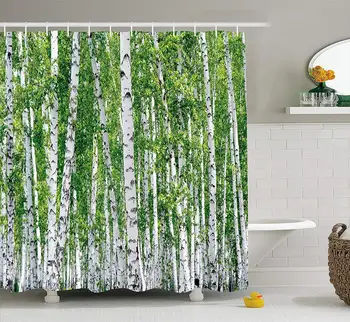 

Birch Tree Fresh Green Leaves Summer Forest Rural Landscape Lush Environmental Image Wide Green White Black Shower Curtain