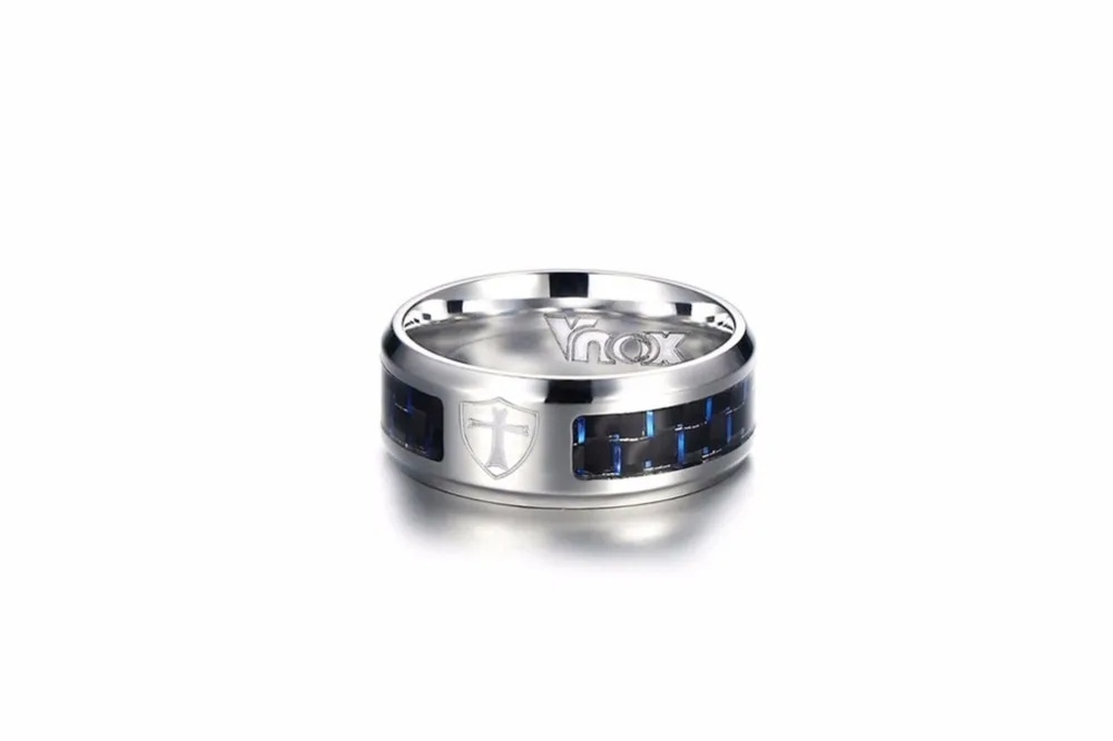 Mens Rings Stainless Steel Black and Blue Carbon Fiber Inlay Corss Wedding Band Ring Men Fashion Jewerly Accessories Anel Aneis Masculinos Anillos 18