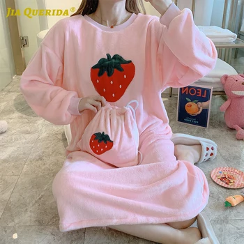 

New Soft Crew Neck Flannel Winter Warm Night Gown Strawberry Printing Pink Night Wear Homedress Long Sleeve Preppy Style