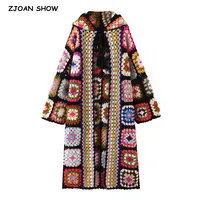 2021 Bohemia Colored Plaid Flower Hand Crochet Hooded Cardigan Ethnic Woman Bandage Lacing up Midi Long Sweater Beach Jumper 1