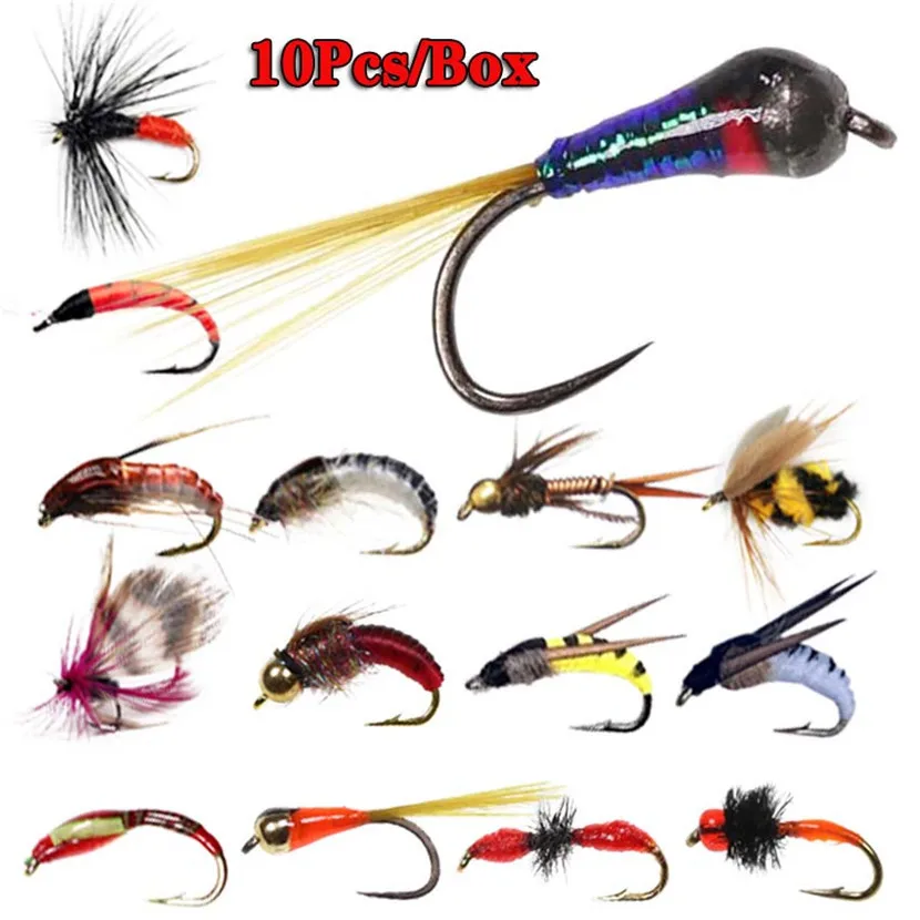 

10Pcs #10 Brass Bead Head Fast Sinking Nymph Scud Fly Bug Worm Trout Fishing Flies Artificial Insect Fishing Bait Lure