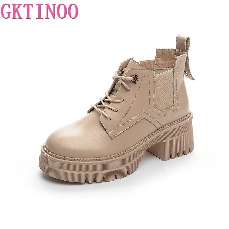 GKTINOO Martin Boots Women Platform 2021 Autumn Lace-up Genuine Leather Women's Ankle Boot British style Fashion Booties | Обувь