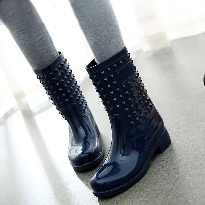 

Hot Sale Women Rain Boots 3.5cm Med Heels Waterproof Mid Calf Boots Female Shoes Woman 4 Colors Available 36-42